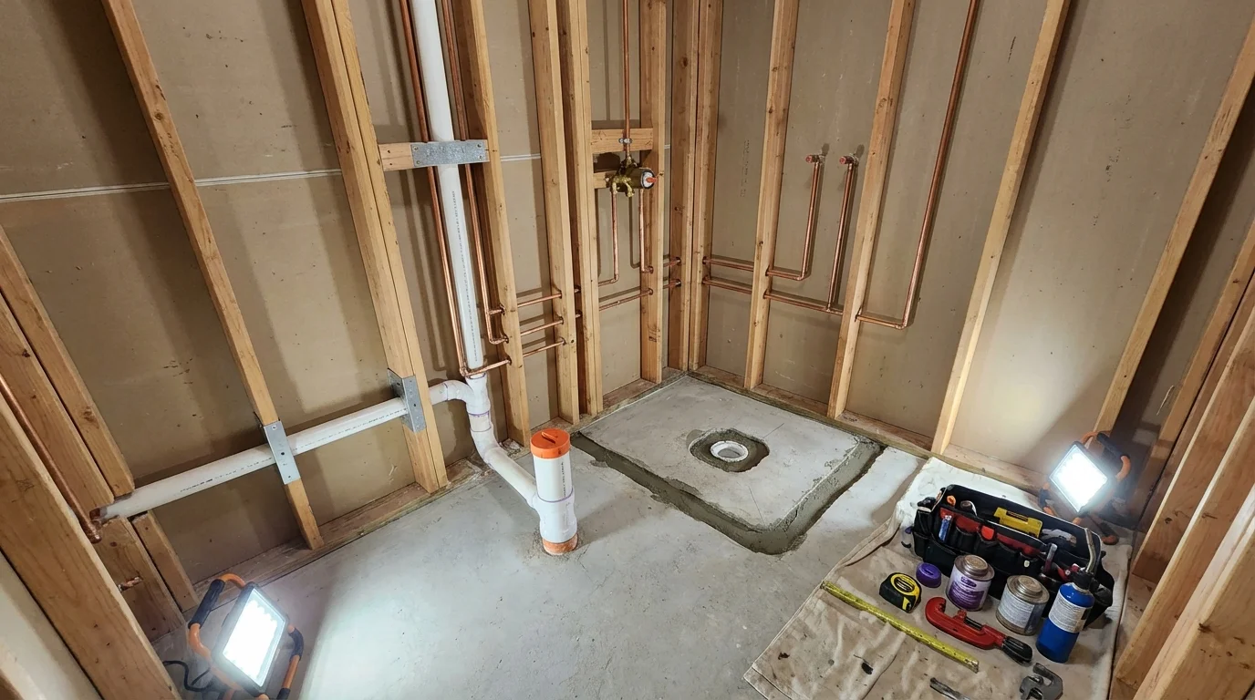 Bathroom rough-in plumbing during remodel by Johns Plumbing LLC in Polkton