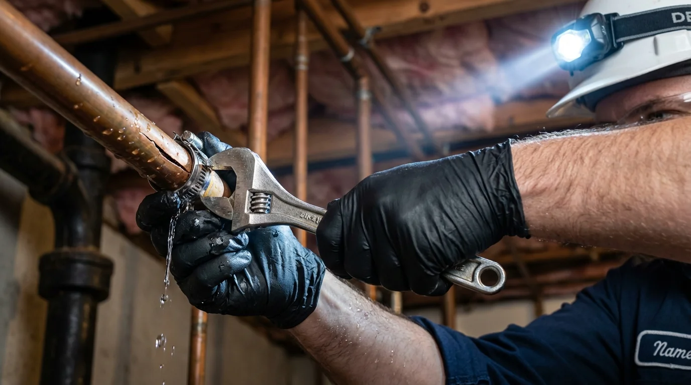 Emergency pipe clamp repair being performed by a Johns Plumbing LLC plumber in Polkton
