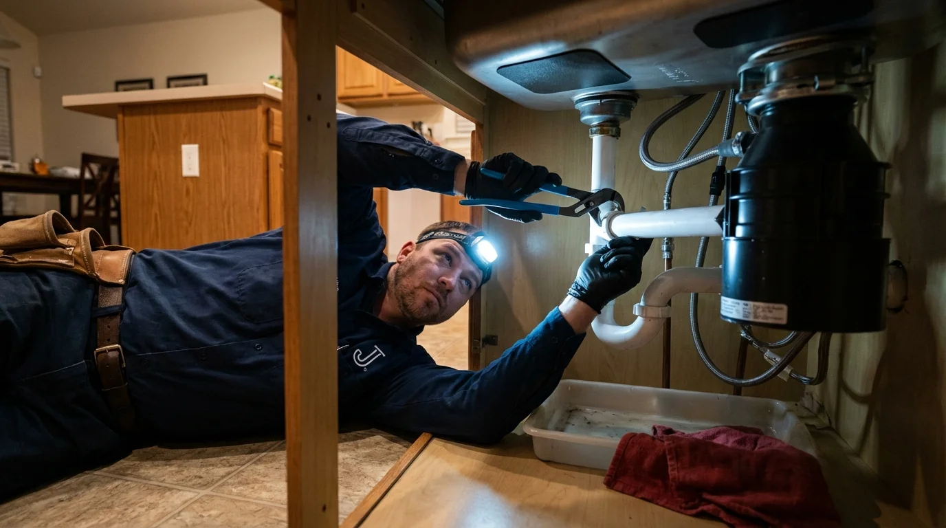P-trap and supply line connections under a kitchen sink showing a common leak point in Polkton, NC